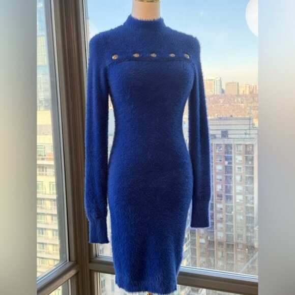 🆕 VERSACE JEANS COUTURE 🧿 NWOT Royal Blue Faux Fur Knit Dress, Buttons - Sz S - Picture 4 of 16